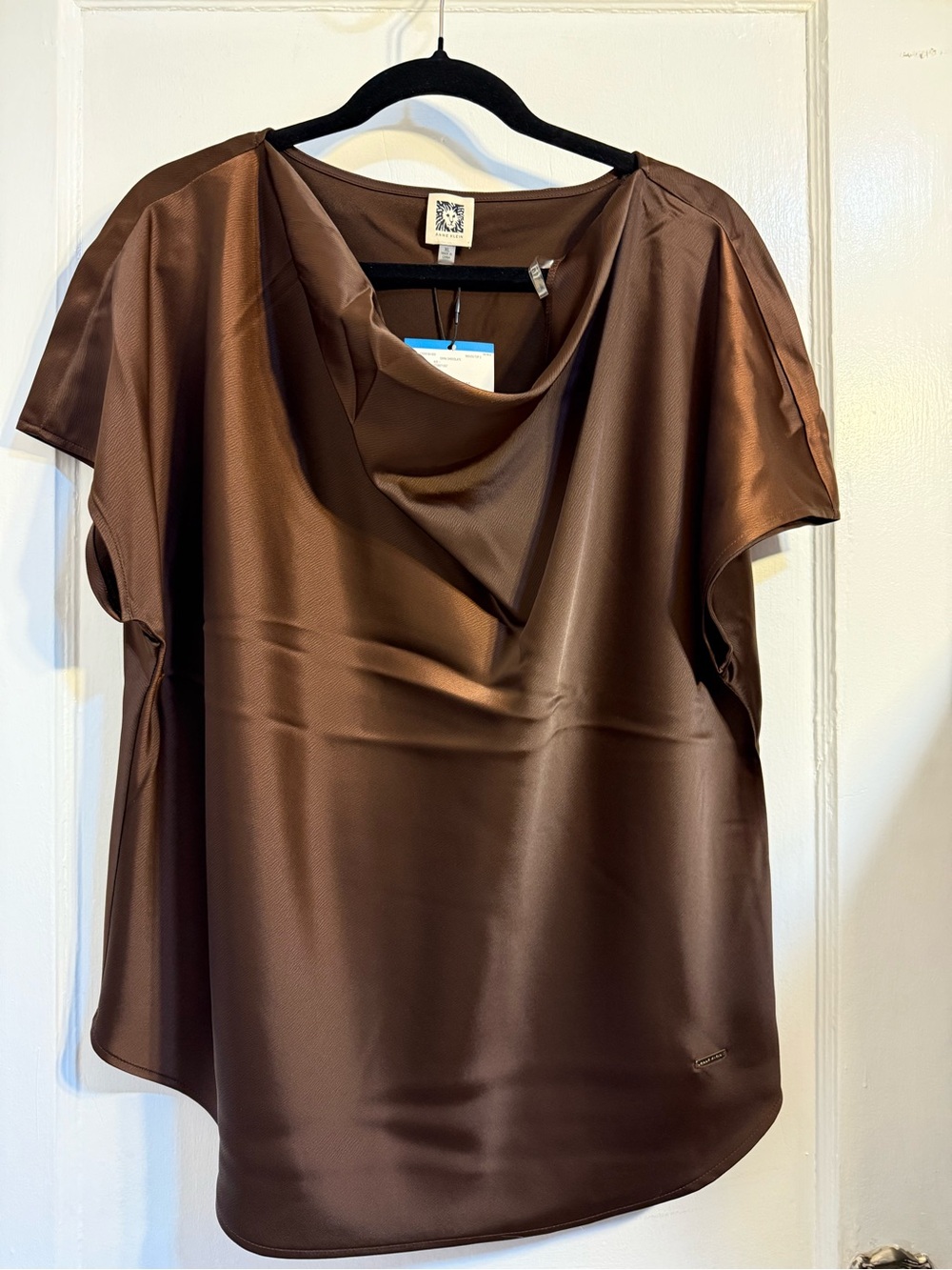Anne Klein Satin Drape Neck Blouse - Brown